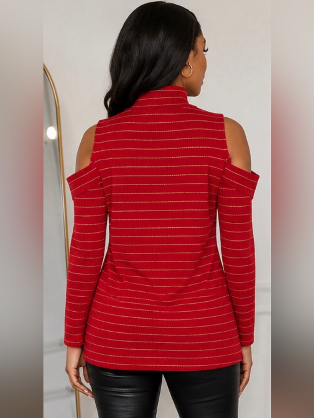 Tommy Hilfiger Red & Gold Ribbed Cold Shoulder Mock Neck Sweater Top | Size M - Picture 3 of 10